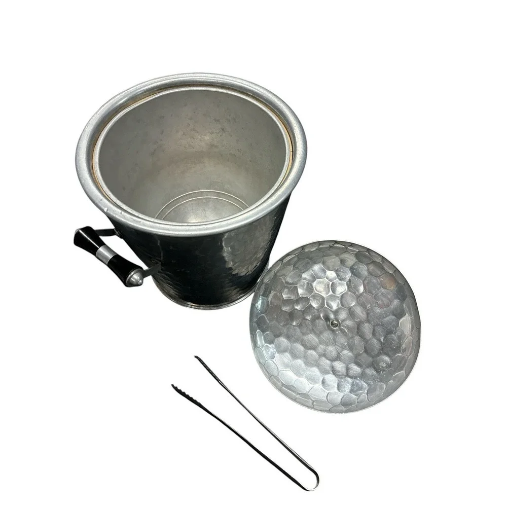 Vintage Mid Century MMM SA Brand Hammered Aluminum‎ Ice Bucket W/Tongs Spain